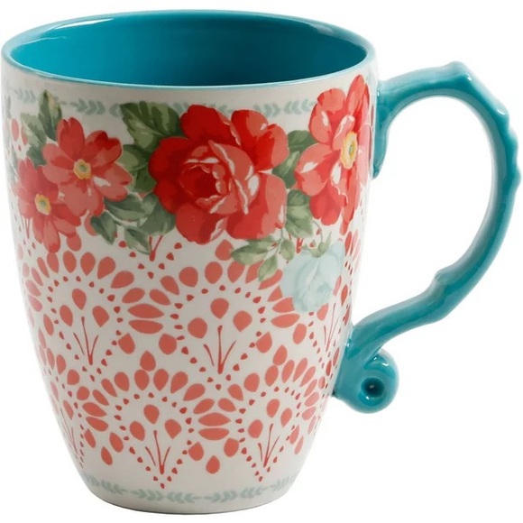 New Pioneer Woman Vintage Floral 1- 26 oz Stoneware Latte Mug, Teal Blue & Res - Picture 5 of 7
